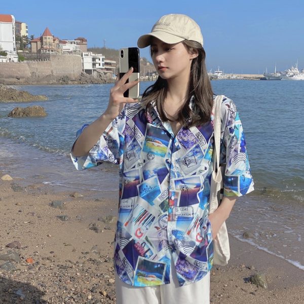Hawaiian Floral Short Sleeve Shirt for Women - Loose Fit Beach Top in Hong Kong Style for Seaside Vacation