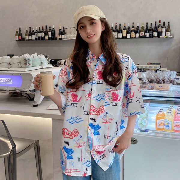 Hawaiian Floral Short Sleeve Shirt for Women - Loose Fit Beach Top in Hong Kong Style for Seaside Vacation