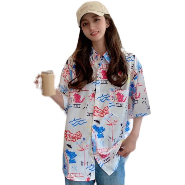 Hawaiian Floral Short Sleeve Shirt for Women - Loose Fit Beach Top in Hong Kong Style for Seaside Vacation