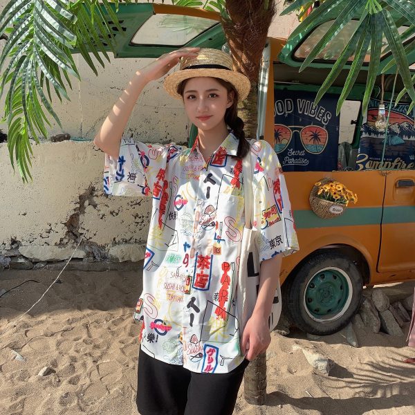 Hawaiian Floral Short Sleeve Shirt for Women - Loose Fit Beach Top in Hong Kong Style for Seaside Vacation