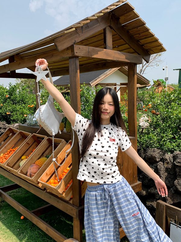Heart Polka Dot Short Sleeve T-Shirt for Women - Slim Fit American Style Top for Spring and Summer