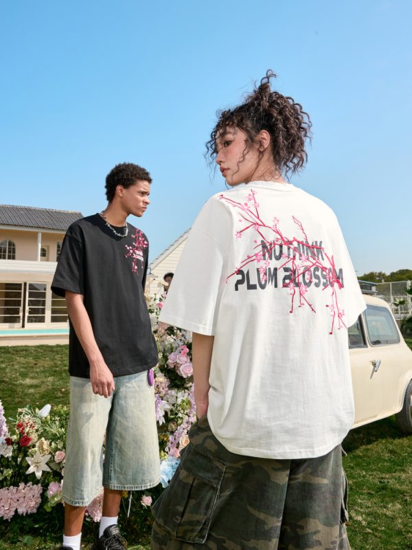 Heavy Embroidery Floral Letter T-Shirt - Short Sleeve Vintage American Style Unisex Top for Summer 2025 Fashion