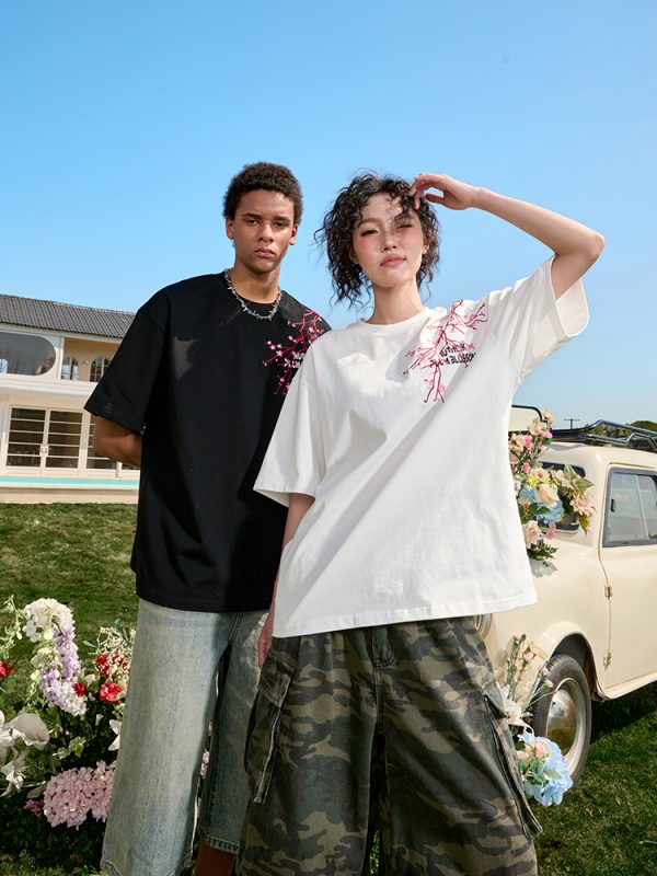 Heavy Embroidery Floral Letter T-Shirt - Short Sleeve Vintage American Style Unisex Top for Summer 2025 Fashion