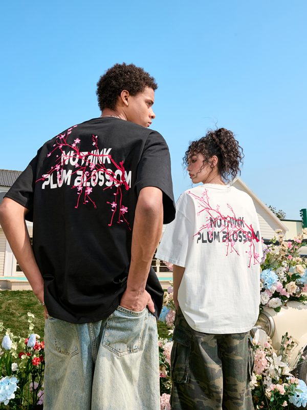 Heavy Embroidery Floral Letter T-Shirt - Short Sleeve Vintage American Style Unisex Top for Summer 2025 Fashion
