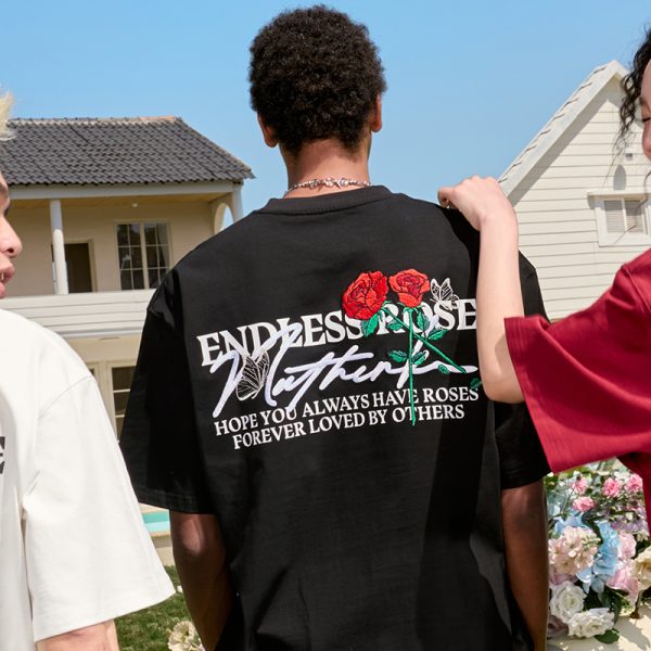 Heavy Embroidery Rose Short Sleeve T-Shirt - Vintage American Style Unisex Tee, Trendy Loose Fit, 2025 Fashion Essential