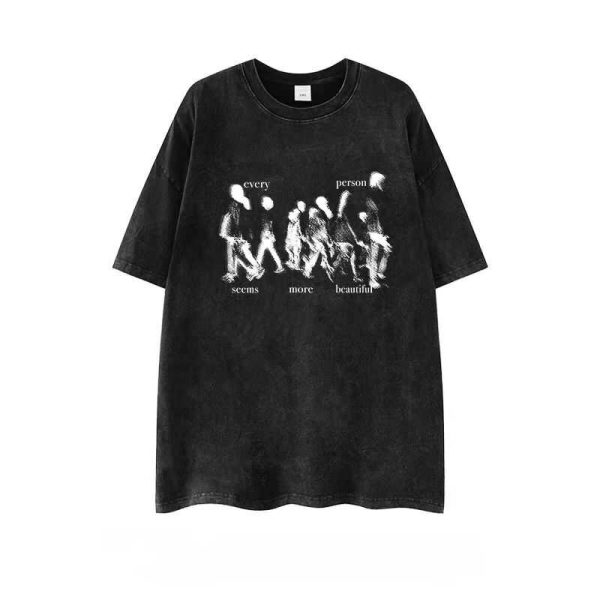 Heavyweight 260g Hip-Hop Dark Abstract Washed Vintage Pure Cotton Loose Short-Sleeve T-Shirt - European American Trendy Style