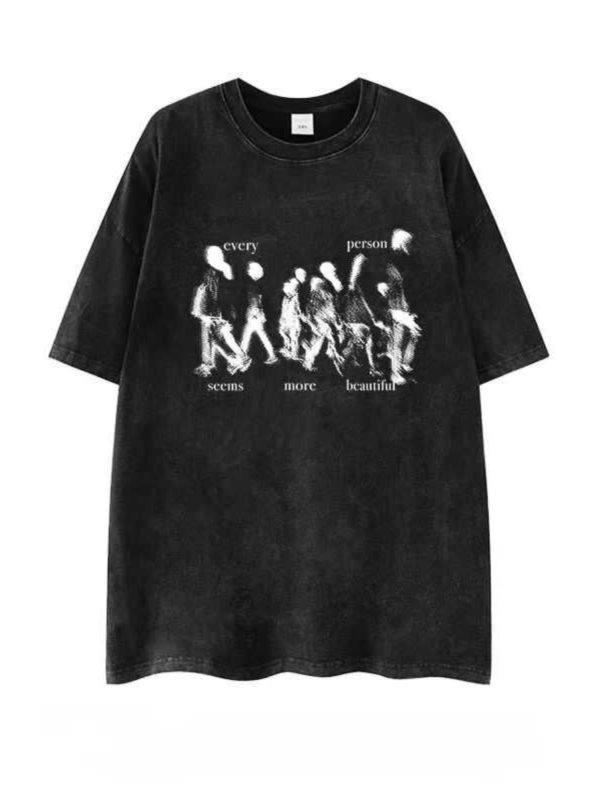 Heavyweight 260g Hip-Hop Dark Abstract Washed Vintage Pure Cotton Loose Short-Sleeve T-Shirt - European American Trendy Style