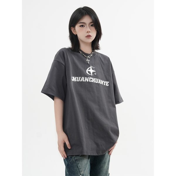 Heavyweight American Street Style Short Sleeve T-Shirt for Men & Women, Loose Fit with Small Collar, Trendy 90s Inspired Fashion.