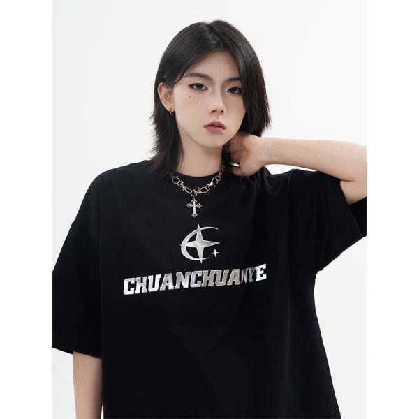 Heavyweight American Street Style Short Sleeve T-Shirt for Men & Women, Loose Fit with Small Collar, Trendy 90s Inspired Fashion.