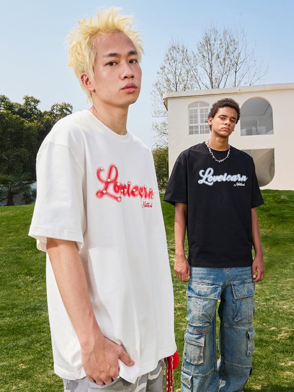 Heavyweight American Vintage Pearl Letter Print Short Sleeve T-Shirt Unisex Loose Fit 2025 Summer Streetwear