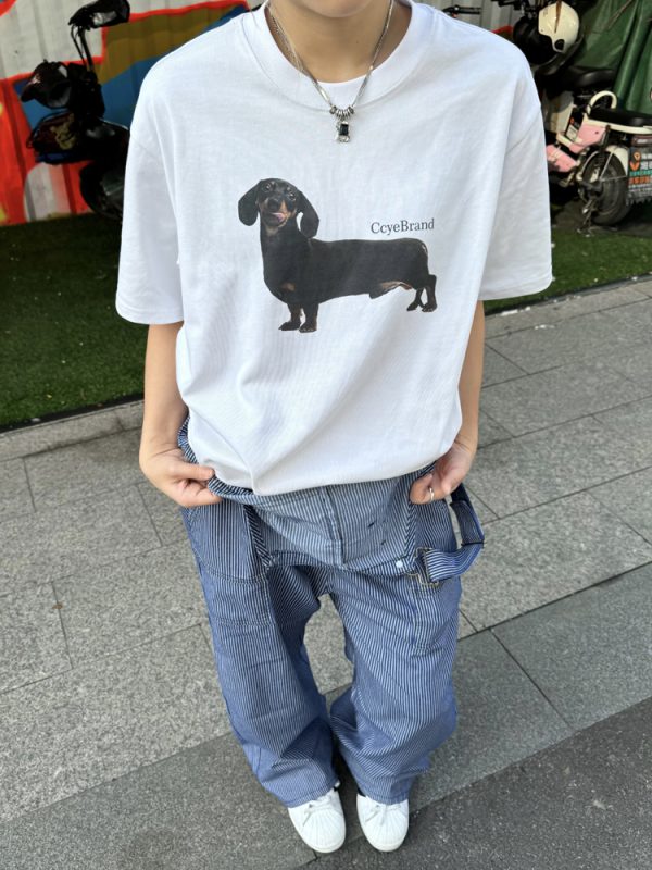 Heavyweight Dachshund Print Short Sleeve T-Shirt - Vintage Unisex Loose Fit, Trendy 90s Inspired Casual Top
