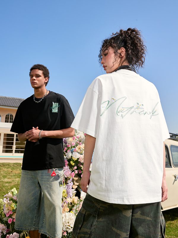 Heavyweight Floral Embroidered Short Sleeve T-Shirt for Men and Women - American Streetwear, Loose Fit, 2025 Summer Style