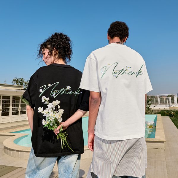 Heavyweight Floral Embroidered Short Sleeve T-Shirt for Men and Women - American Streetwear, Loose Fit, 2025 Summer Style