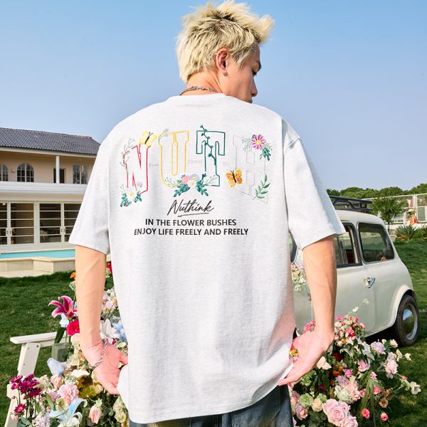 Heavyweight Floral Embroidery Letter Short Sleeve T-Shirt for Men - Streetwear Loose Fit Hip Hop Style - Summer 2025 Fashion
