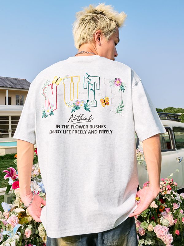 Heavyweight Floral Embroidery Letter Short Sleeve T-Shirt for Men - Streetwear Loose Fit Hip Hop Style - Summer 2025 Fashion