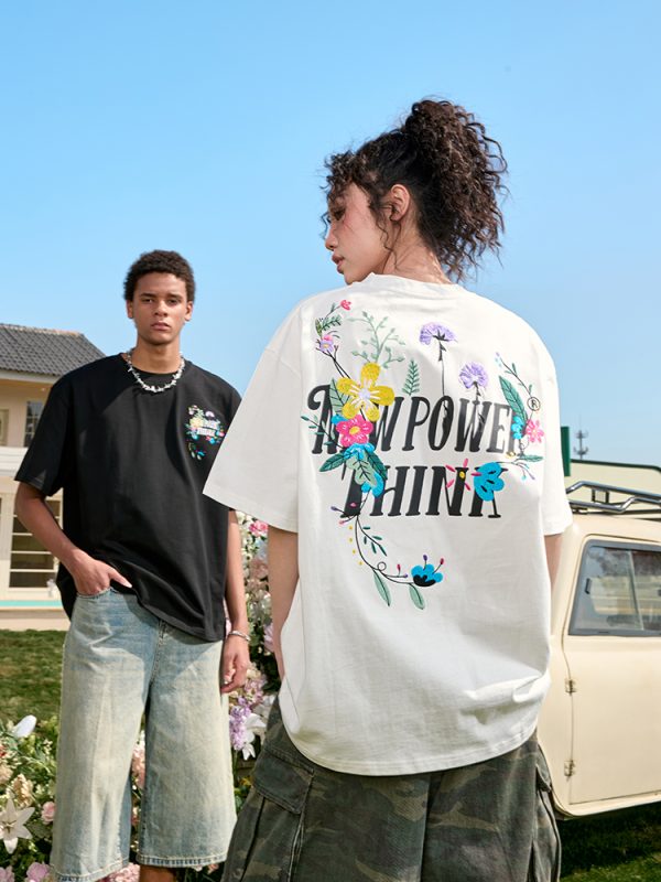 Heavyweight Floral Embroidery T-Shirt for Men and Women, Vintage Streetwear Style, Short Sleeve, 2025 Summer Fashion