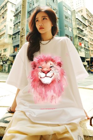 Heavyweight Lion Print Short Sleeve Men's T-Shirt â€“ Trendy Loose Fit Plus Size Summer Style for Couples
