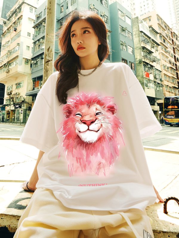 Heavyweight Lion Print Short Sleeve Men's T-Shirt â€“ Trendy Loose Fit Plus Size Summer Style for Couples