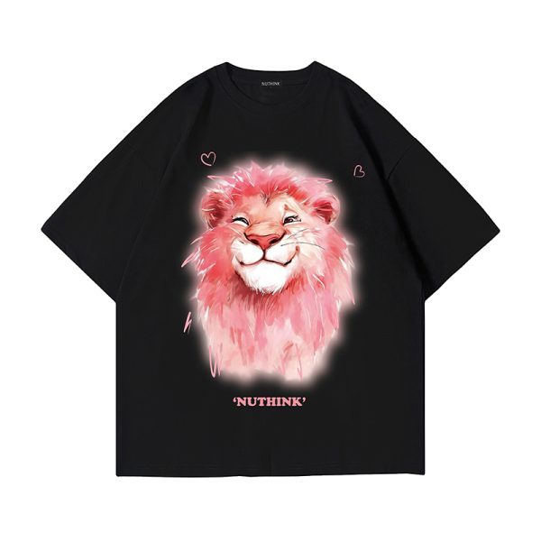 Heavyweight Lion Print Short Sleeve Men's T-Shirt â€“ Trendy Loose Fit Plus Size Summer Style for Couples