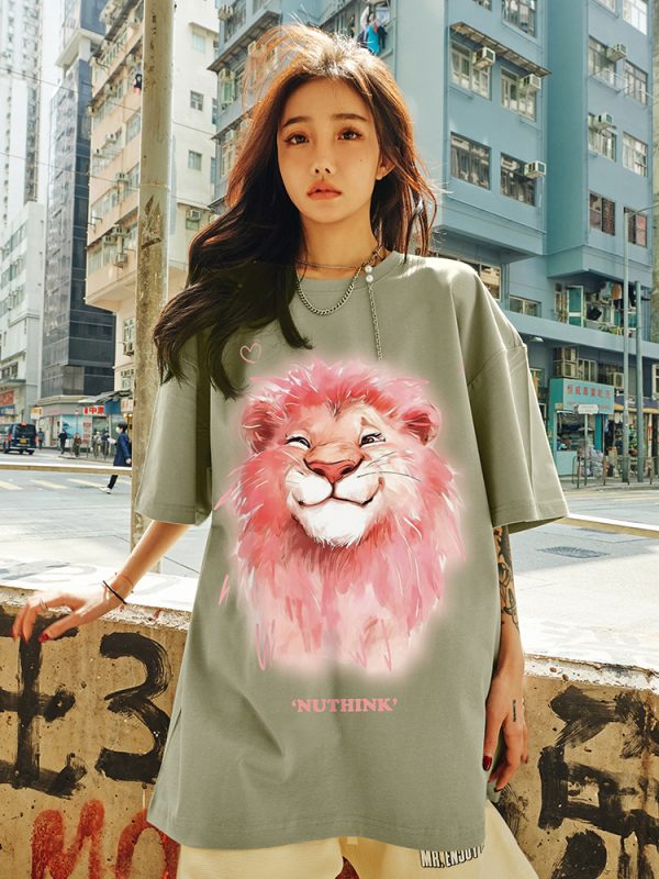 Heavyweight Lion Print Short Sleeve Men's T-Shirt â€“ Trendy Loose Fit Plus Size Summer Style for Couples