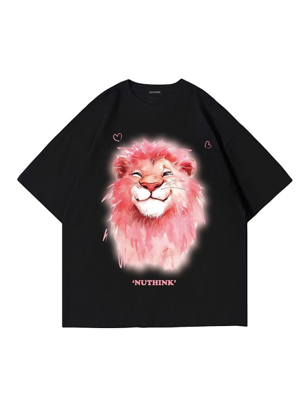 Heavyweight Lion Print Short Sleeve Men's T-Shirt â€“ Trendy Loose Fit Plus Size Summer Style for Couples