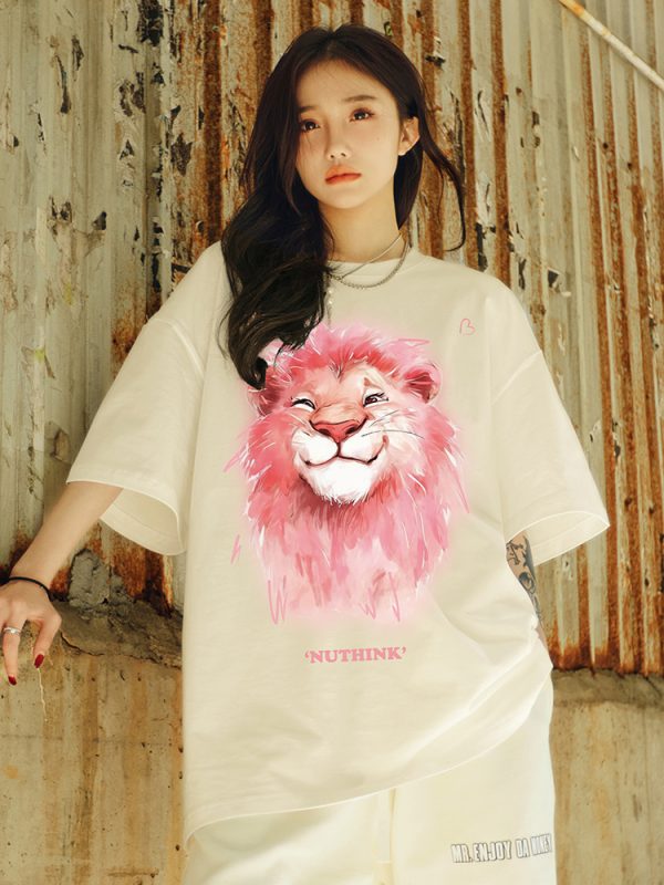 Heavyweight Lion Print Short Sleeve Men's T-Shirt â€“ Trendy Loose Fit Plus Size Summer Style for Couples