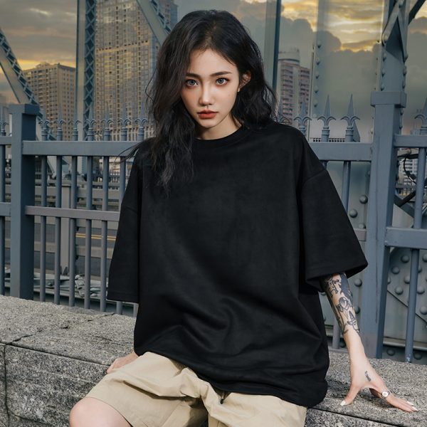 Heavyweight Solid Color Suede Short Sleeve T-Shirt for Men - Loose Fit Trendy Summer Streetwear Top