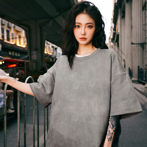 Heavyweight Solid Color Suede Short Sleeve T-Shirt for Men - Loose Fit Trendy Summer Streetwear Top