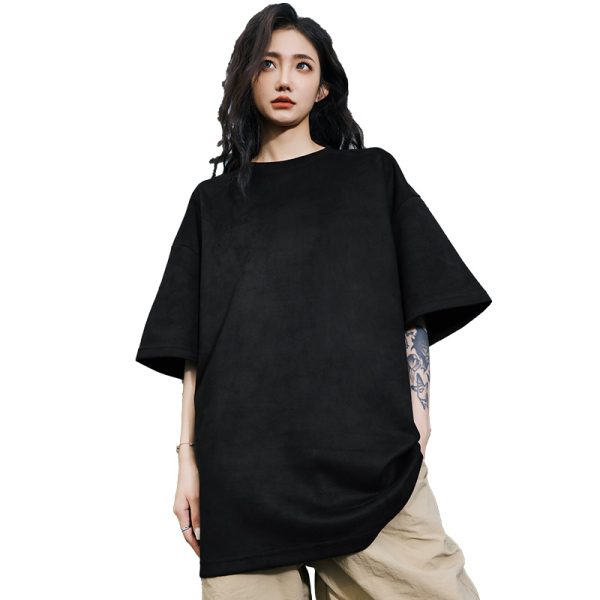 Heavyweight Solid Color Suede Short Sleeve T-Shirt for Men - Loose Fit Trendy Summer Streetwear Top