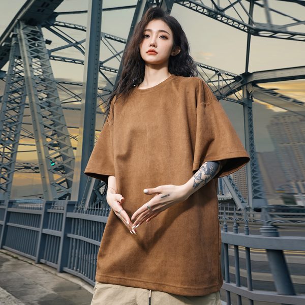 Heavyweight Solid Color Suede Short Sleeve T-Shirt for Men - Loose Fit Trendy Summer Streetwear Top