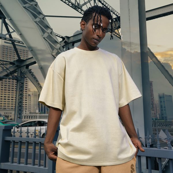 Heavyweight Solid Color Suede Short Sleeve T-Shirt for Men - Loose Fit Trendy Summer Streetwear Top