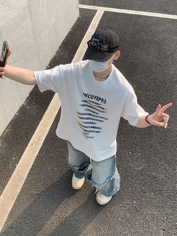 Heavyweight Streetwear Loose Fit Letter Print Short Sleeve T-Shirt for Men - 2025 Summer American High Street Style