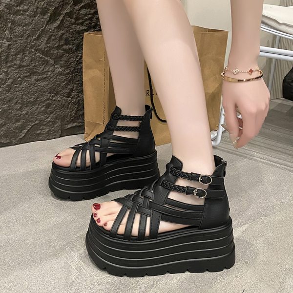 Height-Increasing 8cm Peep-Toe Wedge Sandals for Women - 2025 Summer Thick-Soled Versatile Hollow Roman Style