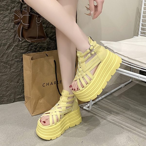 Height-Increasing 8cm Peep-Toe Wedge Sandals for Women - 2025 Summer Thick-Soled Versatile Hollow Roman Style