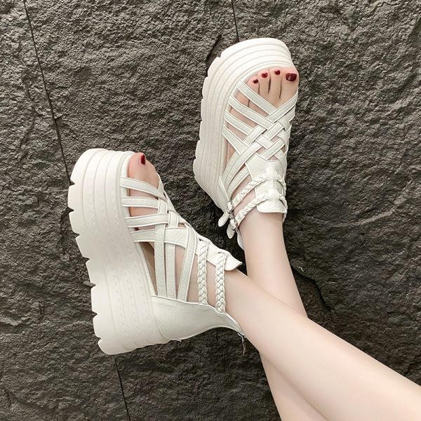 Height-Increasing 8cm Peep-Toe Wedge Sandals for Women - 2025 Summer Thick-Soled Versatile Hollow Roman Style