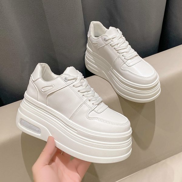 Height-Increasing 8cm Thick-Soled White Leather Sneakers for Women - Trendy Spring 2023 European Style Versatile Skate Shoes