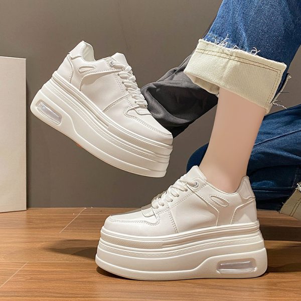 Height-Increasing 8cm Thick-Soled White Leather Sneakers for Women - Trendy Spring 2023 European Style Versatile Skate Shoes