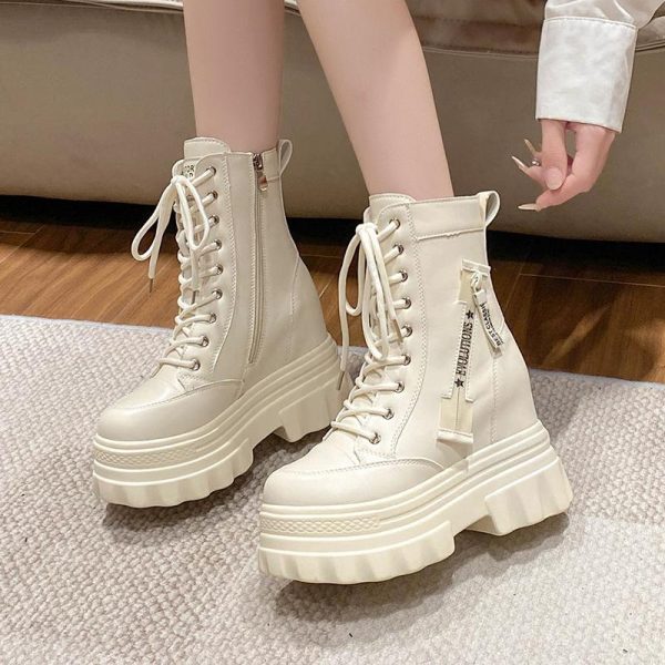 Height Increasing Martin Boots for Women - 10cm Thick Sole Ankle Boots in British Style - Versatile Autumn Winter Footwear