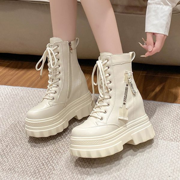 Height Increasing Martin Boots for Women - 10cm Thick Sole Ankle Boots in British Style - Versatile Autumn Winter Footwear
