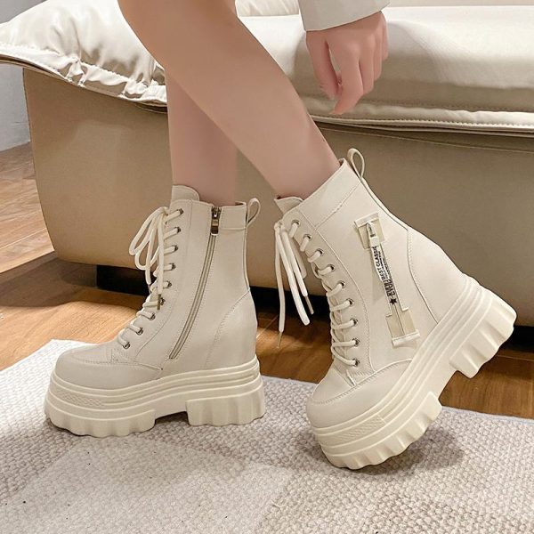 Height Increasing Martin Boots for Women - 10cm Thick Sole Ankle Boots in British Style - Versatile Autumn Winter Footwear