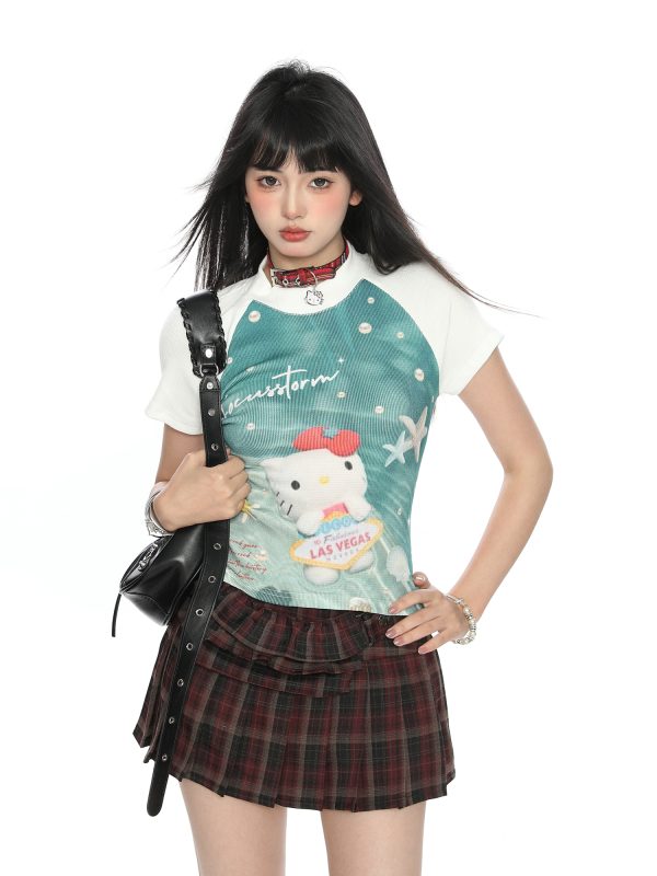 Hello Kitty Cartoon Short Sleeve T-Shirt for Women - Summer Slim Fit Round Neck Top, Cute Y2K Style