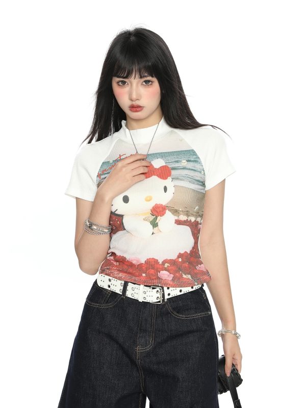 Hello Kitty Cartoon Short Sleeve T-Shirt for Women - Summer Slim Fit Round Neck Top, Cute Y2K Style