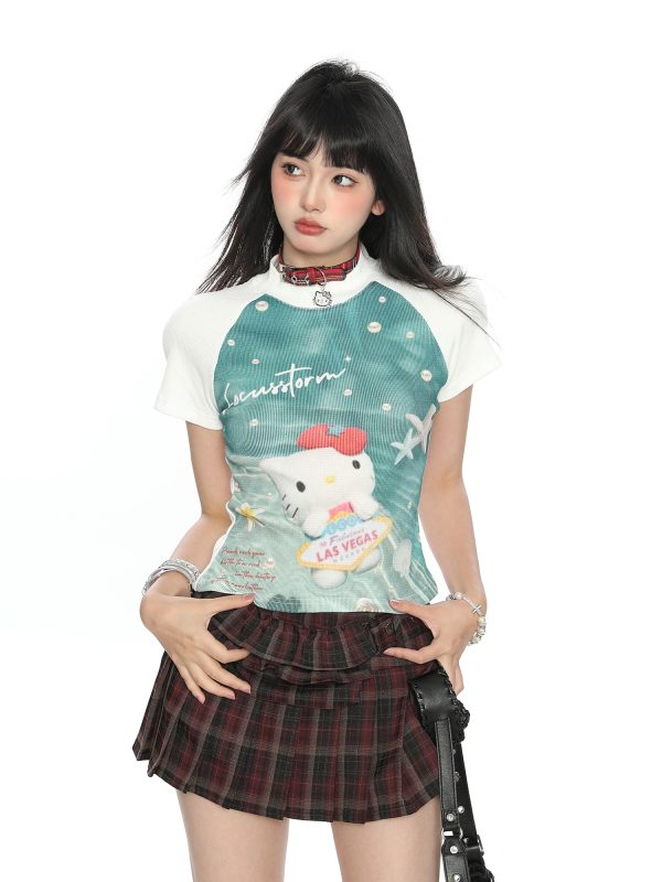 Hello Kitty Cartoon Short Sleeve T-Shirt for Women - Summer Slim Fit Round Neck Top, Cute Y2K Style