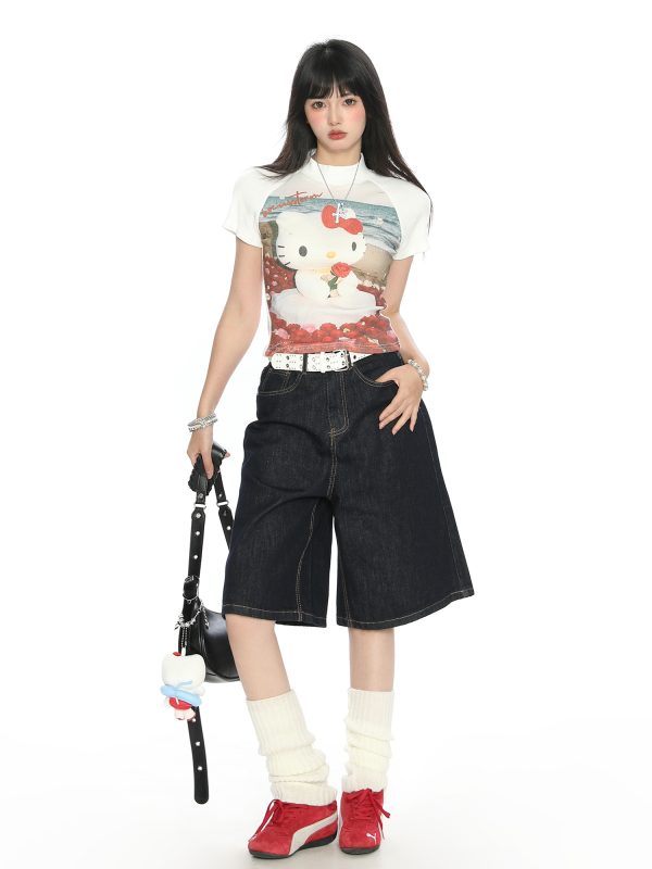 Hello Kitty Cartoon Short Sleeve T-Shirt for Women - Summer Slim Fit Round Neck Top, Cute Y2K Style