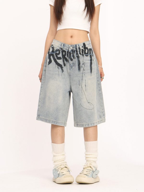 High-End American-Style Ink Spray Blue Jeans - Niche Design Straight Wide-Leg Cropped Pants for Trendy Casual Wear
