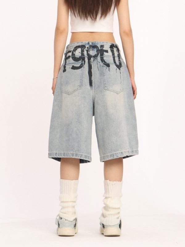 High-End American-Style Ink Spray Blue Jeans - Niche Design Straight Wide-Leg Cropped Pants for Trendy Casual Wear