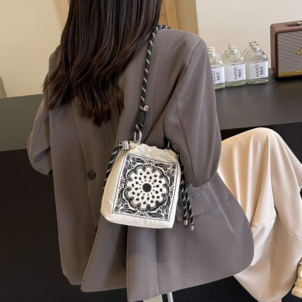 High-End Embroidered Canvas Bucket Bag for Women - Summer 2025 Drawstring Crossbody Phone Bag, Casual Style