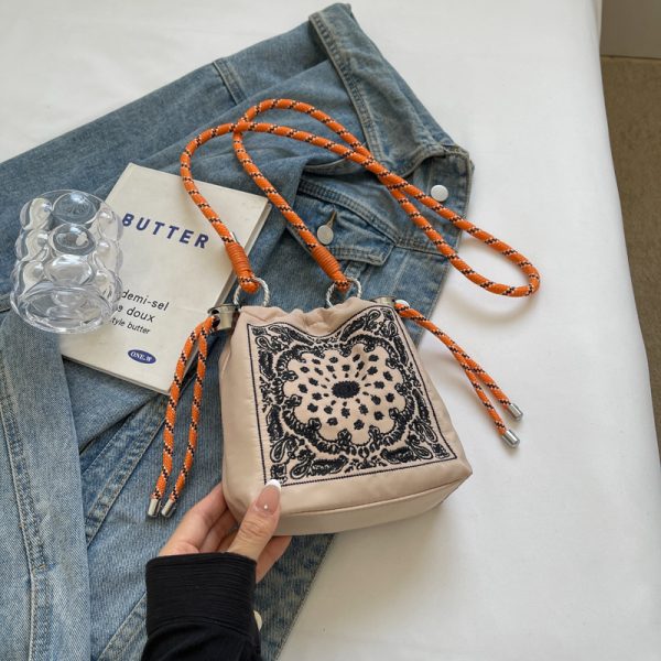 High-End Embroidered Canvas Bucket Bag for Women - Summer 2025 Drawstring Crossbody Phone Bag, Casual Style