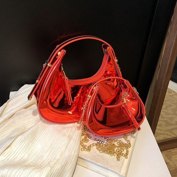 High-End Laser Patent Leather Crescent Handbag - Women's 2025 Trendy Chain Shoulder Crossbody Bag