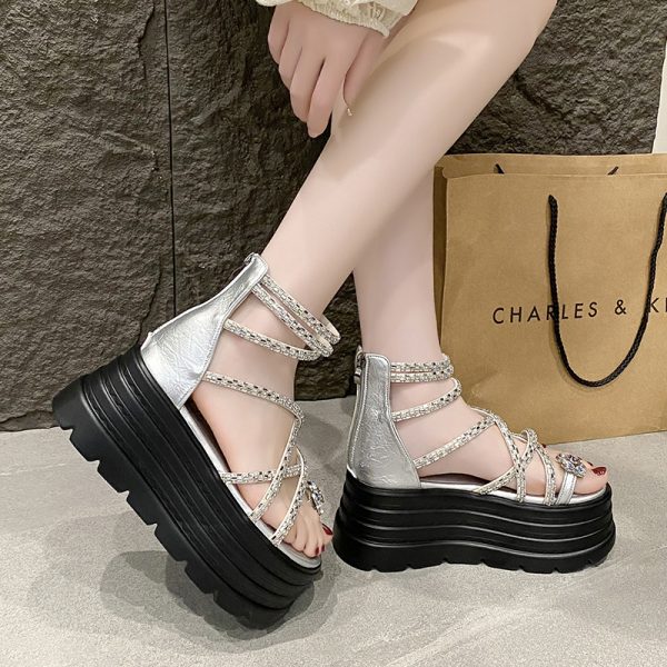 High-End Rhinestone Open-Toe Sandals for Women - 8cm Thick Sole, 2025 Summer Style, Perfect for Skirts, Chic Roman Footwear